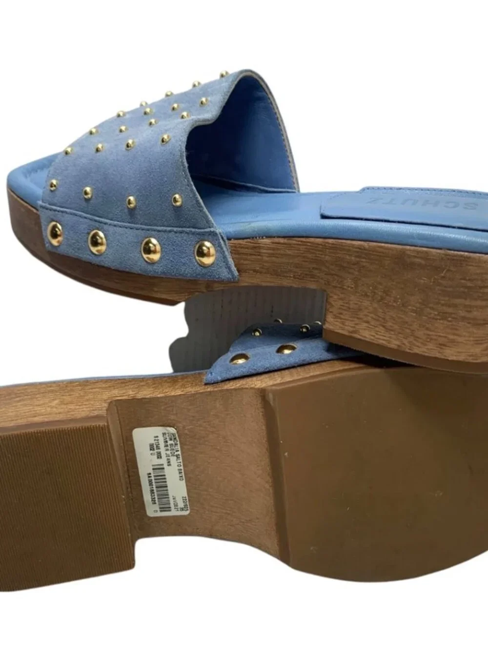 SCHUTZ Summer Jean Blue Suede Studded Wooden‎ Clog Slides